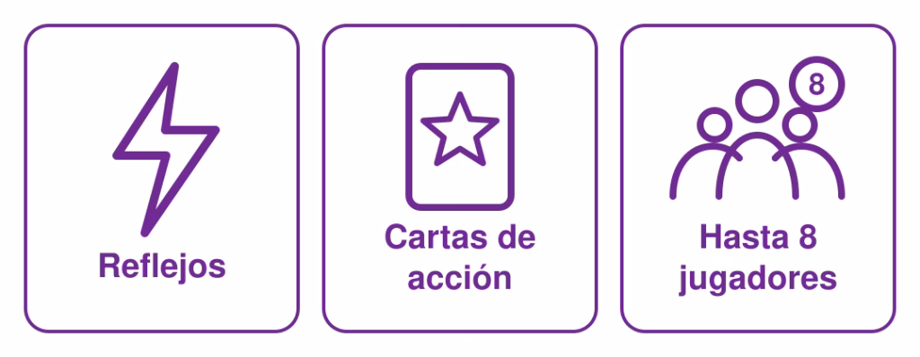 Características de Taco Gorro Torta Caja Pizza: reflejos, cartas de acción y hasta 8 jugadores