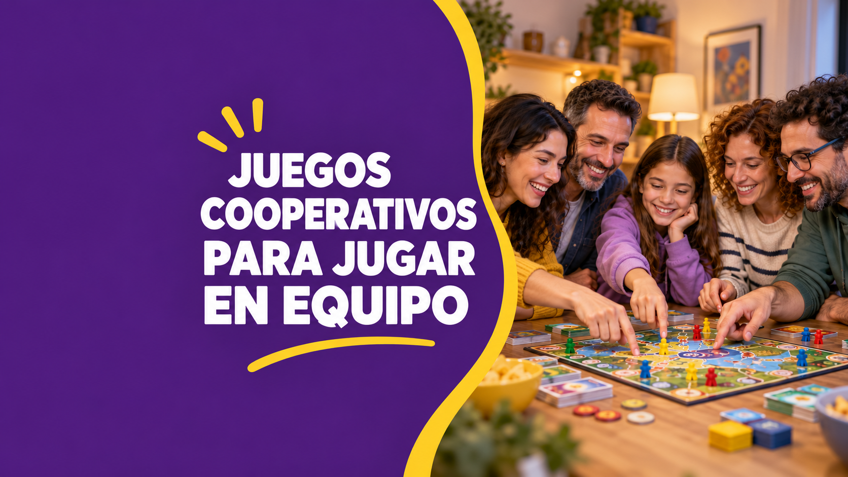 Familia jugando juegos de mesa cooperativos y tomando decisiones en equipo